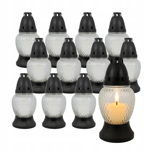 Veľký Sklenený Cintorínsky Lampáš s Kaplnkou, Biela Farba s Krížom - Balenie 12 Kusov